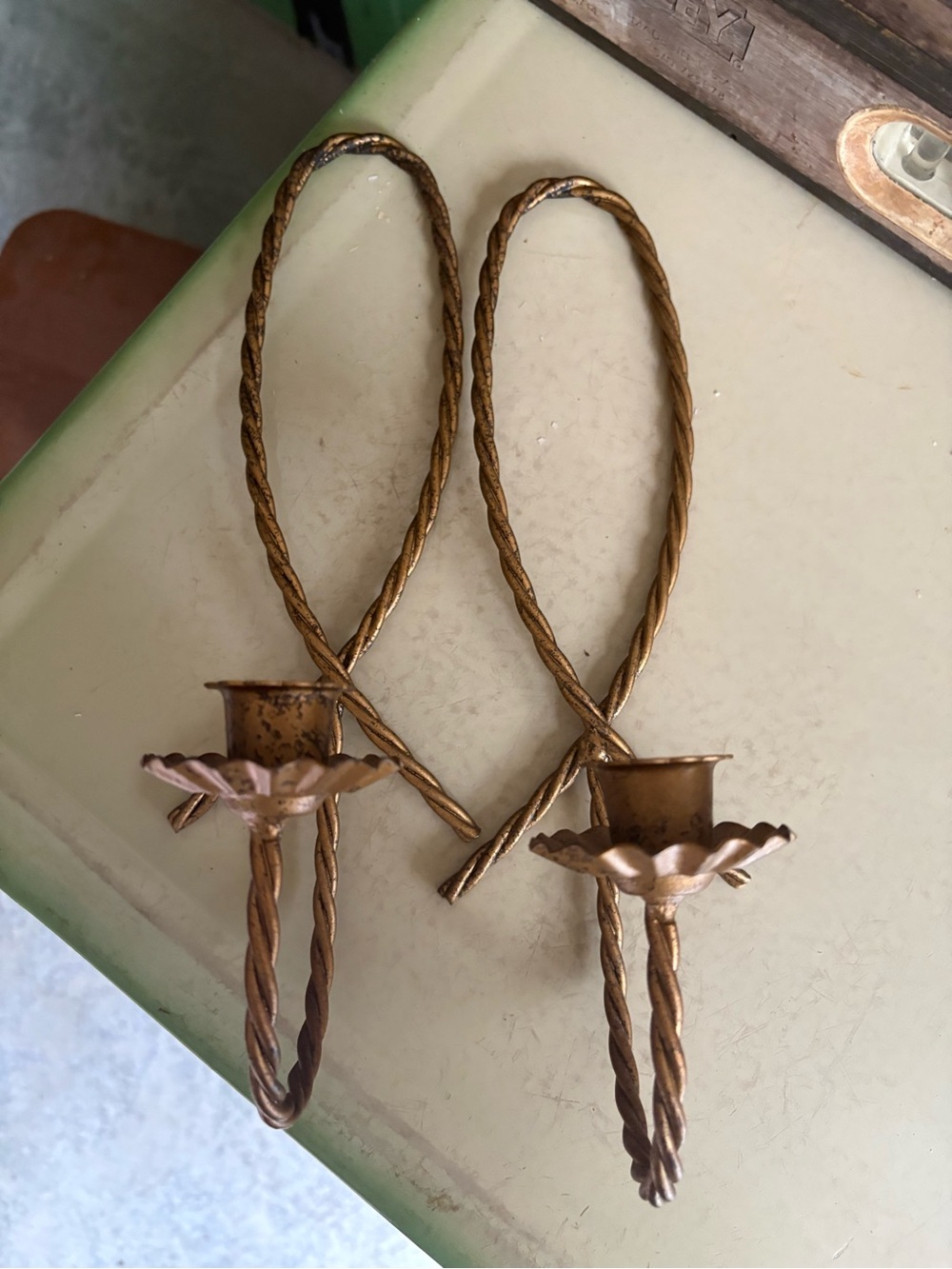 Vintage Home Interiors Gold Twisted Metal Wall Candle Sconces - Pair